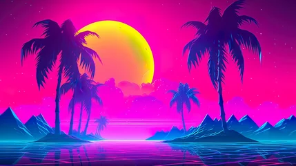 Foto op Aluminium Neon night landscape with Moon, palm trees and sea. Shining neon colors. Nostalgic scene in retrowave style. Aesthetics of the 80s. Retro wallpaper. Generative AI illustration. © Valeriy