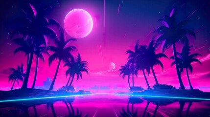 Fototapeta na wymiar Neon night landscape with Moon, palm trees and sea. Shining neon colors. Nostalgic scene in retrowave style. Aesthetics of the 80s. Retro wallpaper. Generative AI illustration.