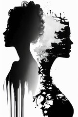 women silhouette with hair, isolated on background, double exposure watercolor paint, illustrated highlight shadows abstract art style copy space international woman day mother