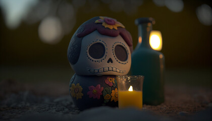 Naklejka premium Tender Dia de Muertos Figurine and Candle Scene, Generative AI