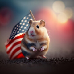 Hamster with American flag. Veterans day, bokeh. High quality photo