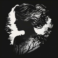 woman silhouette with hair, isolated on background, illustrated highlight shadows, generative ai