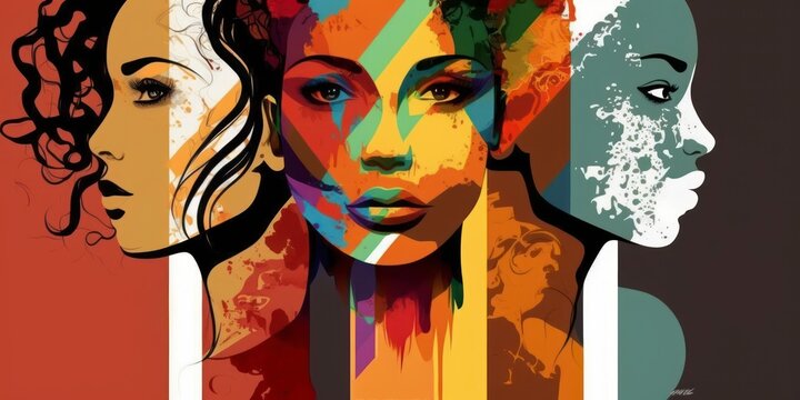 Abstract women international days illustration, mothers day feminine face front view, colorful diverse beauty represent banner poster, empty copy space, generative ai