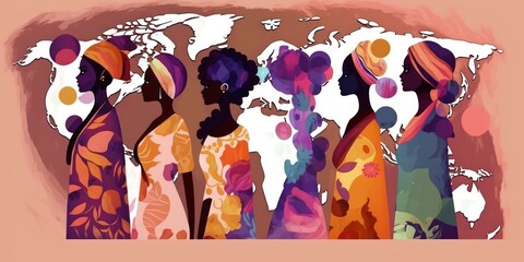 group of black African women silhouettes front of world map at background, wearing traditional clothes, earth colors flat design minimal detailed, international woman day, generative ai