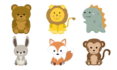 Various animals. Set of animals vector illustration. Bear, Lion, Dinosaur, Hare, Fox, Monkey.