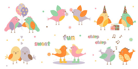 Vector illustration of cute birds. Isolated objects. Stylish colors