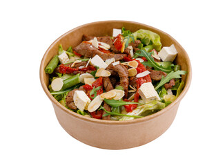 Veal and tofu salad on white background for online restaurant menu, top view 2