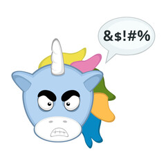 vector cartoon character illustration of a unicorn, angry expression and a speech bubble with an insult text