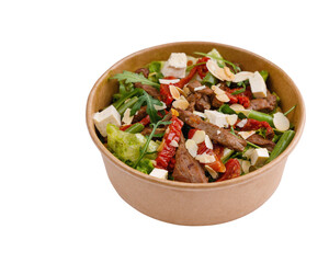 Veal and tofu salad on white background for online restaurant menu, top view