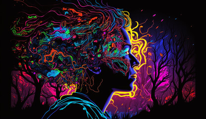 A person under DMT drug effects neon light AI Generated