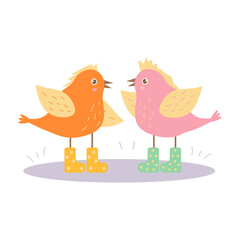 Vector illustration with cute birds in boots. Flat style, stylish colors