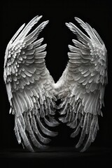 White angel wings isolated on black background, Dimensional model rendered asset, bird feather skin design natural 