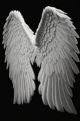White angel wings isolated on black background, Dimensional model rendered asset, Angled side view, bird feather design natural angelic flying 