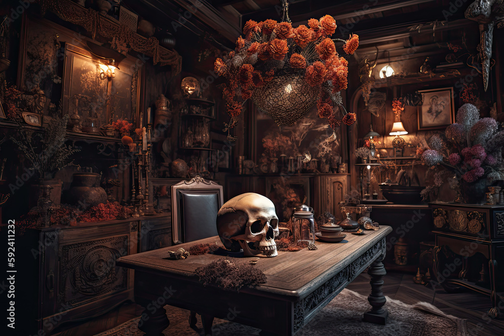 Wall mural Alchemist room with old books, skull and bottle with potion. Generative ai