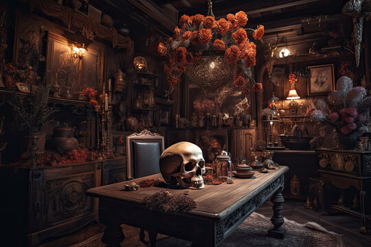 Alchemist room with old books, skull and bottle with potion. Generative ai
