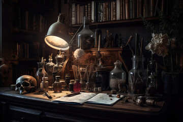 Fototapeta na wymiar Alchemist room with old books, skull and bottle with potion. Generative ai