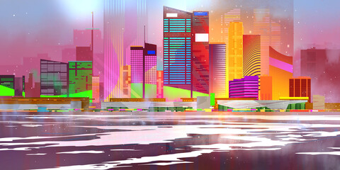 painted colorful winter city by the river in cyberpunk style
