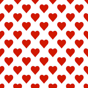 Seamless pattern of repeating rows of red hearts on a transparent background
