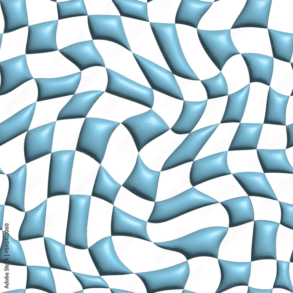 Poster Vector Psychedelic Checkerboard Seamless Pattern in 3D Render Style. Y2k Texture with Swirl Groovy Waves. Distorted Checkered Background