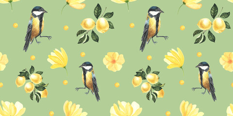 Summer pattern with lemon branch,yellow flowers and tit bird. Background with citrus fruits, watercolor hand drawn illustration, print