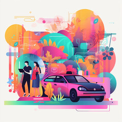 graphic of 2 people in front of a colorful background with a car on their side. Generative Ai