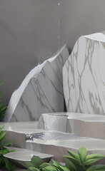 Rendered 3D Large Natural Marble Stone Slab Boulders with Waterfall Feature for Product Example Mockup Display, AI (artificial intelligence)  
