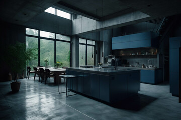 Fototapeta na wymiar Dark blue color palette. Centered perspective. Interior Design