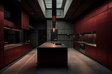 Dark red color palette. Centered perspective. Interior Design