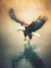 Obraz premium Bald eagle going to the water to catch some fish with a dreamy effect