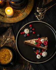 Chocolate brownie with some fruits