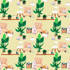 Watercolor seamless pattern with home plant, wax candlt, ceramic houses lanterns, armchair, shelf, vase with dried flowers, coffee table, wicker basket with lama toy, wooden box, firewood. Illustratio
