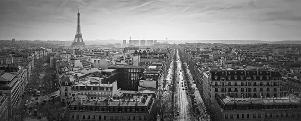 Rolgordijnen Parijs Paris cityscape black and white panorama  with view to the Eiffel Tower, France. Beautiful parisian architecture with historic buildings and landmarks