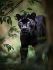 Naklejka na ściany i meble beautiful black panter walking trought the jungle generatieve ai