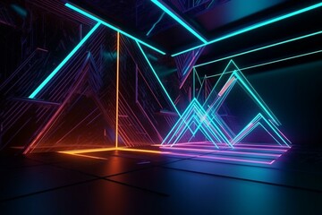 3D abstract background with neon lights. .space construction . .3d illustration. Generative AI