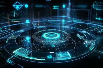Cut-edge futuristic technology uses circular hud, VR and big data analytics for improved cyber security in business. Generative AI
