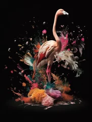 Poster fine art flamingo bird in a explosion of flowers and colors generative ai © Femke