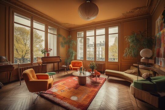 Panorama View Inside Old Vintage Retro Parisian Apartment Downtown. Generative AI