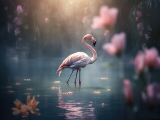 flamingo's chilling in the water in a dreamy flower style with beautiful depth of field generatieve ai