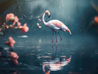 flamingo's chilling in the water in a dreamy flower style with beautiful depth of field generatieve ai