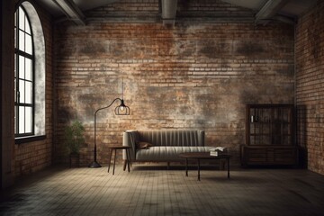 Plakat Industrial grunge interior with old brick walls. Loft style, interior mockup, 3d render. Generative AI