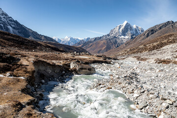 River flowing down the valley while descending from Chukhung to Dingboche, Taboche in the background