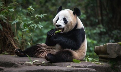 Obraz premium a panda bear sitting on top of a rock eating a leafy green leafy plant in a forest area with trees in the background. generative ai