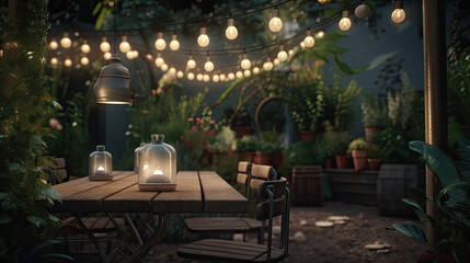 Fototapeta premium Interior of garden outdoor cafe. Generative ai