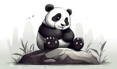  a panda bear sitting on top of a rock on top of a field of grass and bushes with its paws on a rock, with a white background.  generative ai