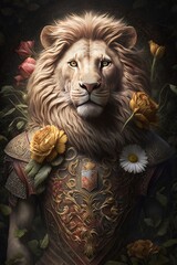 Obraz na płótnie Canvas Lion Portrait ornate with Flowers, AI Generative
