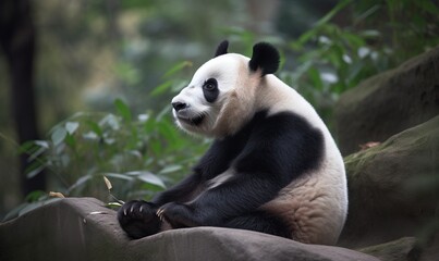 Obraz premium a panda bear sitting on top of a rock in a forest of trees and bushes, eating bamboo, and looking at the camera, with a black and white face. generative ai