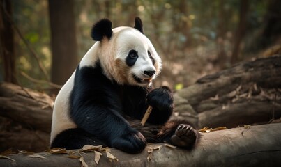 Obraz premium a panda bear sitting on top of a tree branch in a forest with lots of leaves on it's trunk and a stick in its mouth. generative ai