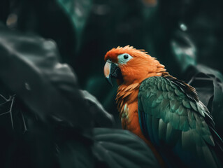 Fototapeta premium Minimalistic fine art animal portrait parrot green and orangegenerative ai