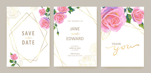 Vintage vector card or wedding invitation with acrylic or oil pink roses and golden elements on white background.