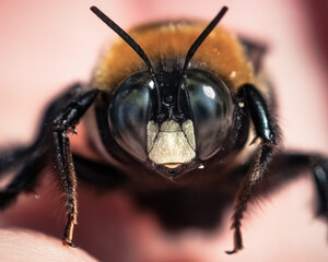 Macro of a male Eastern Carpenter Bee (Xylocopa virginica) resting on my hand. Long Island, New York. 
